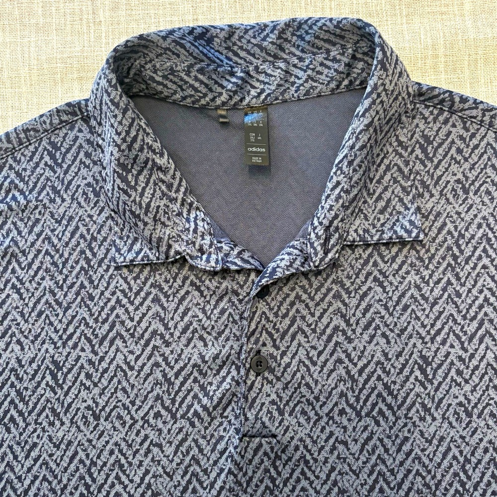 adidas Men's Performance Polo Shirt 2XL Blue/Gray Herringbone Knit Short Sleeve